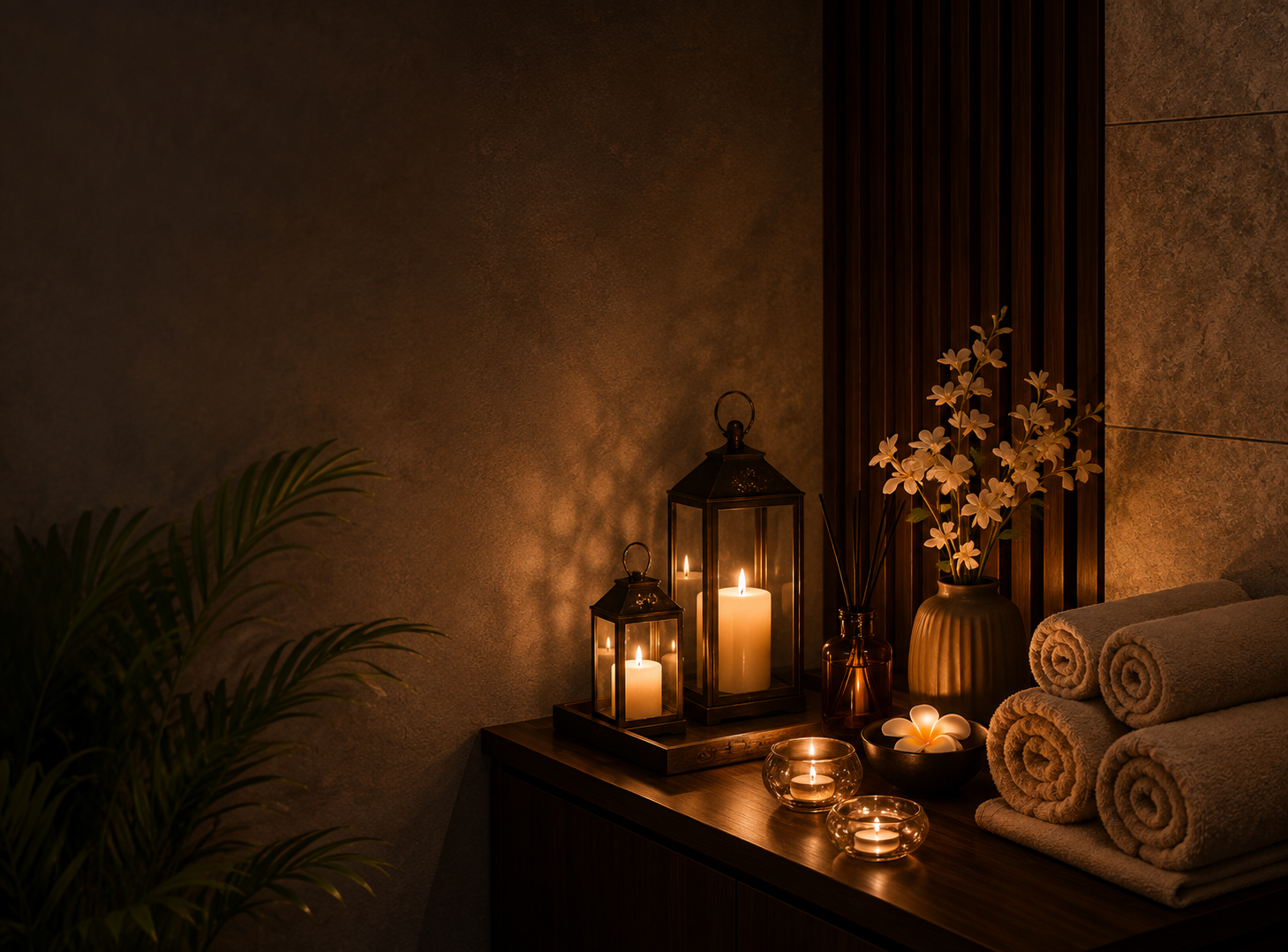 Rolled towels and orchids