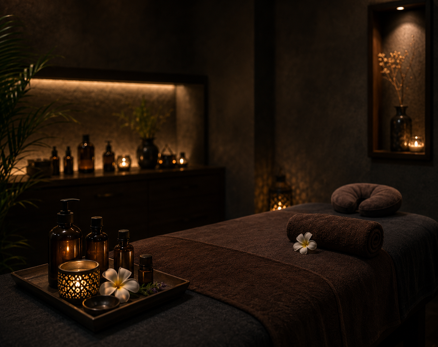 Fresh flowers beside massage oils