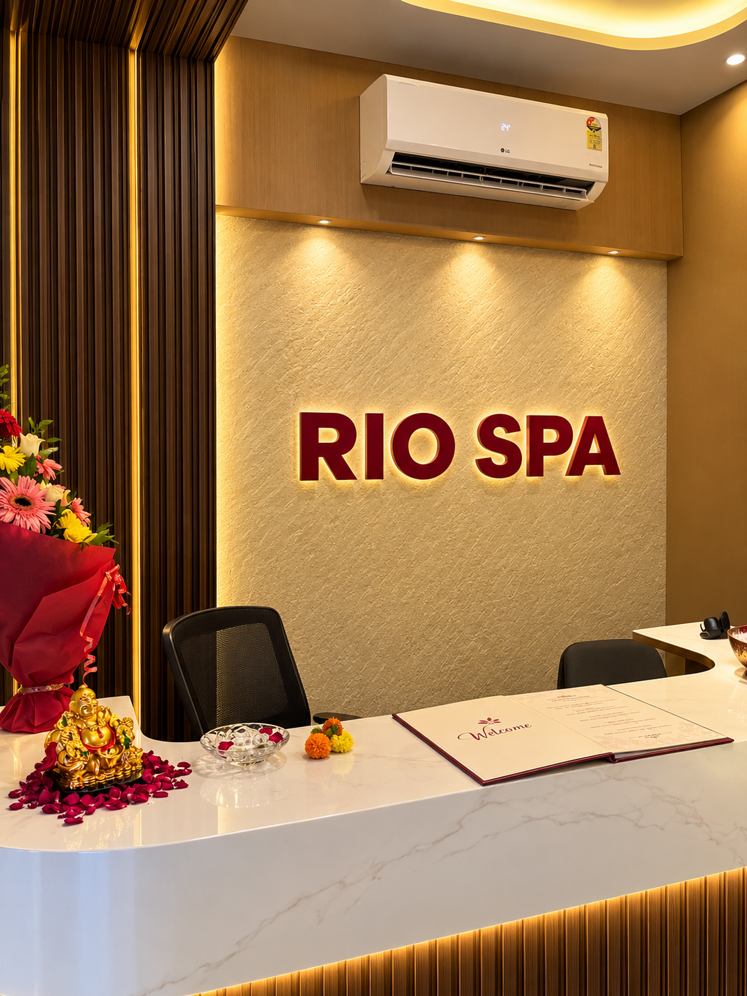 Calm spa interior with candles and towels