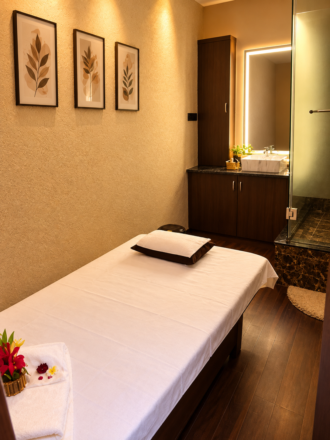 Spa treatment room with soft lighting
